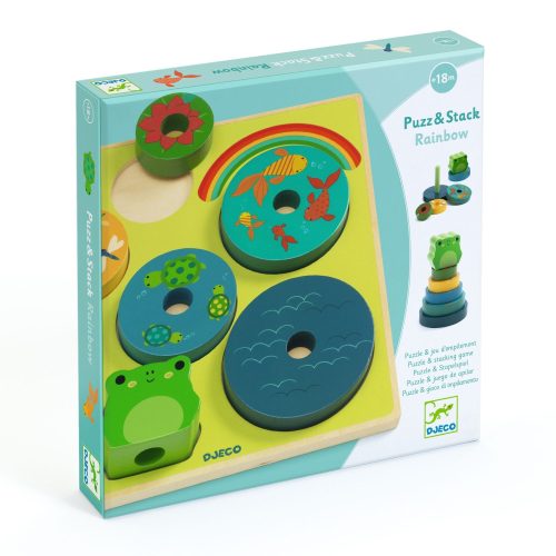 Djeco Puzz & Stack Rainbow – formaillesztő és toronyépítő játék breki figurával