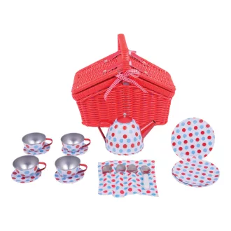 Bigjigs Toys - Pöttyös teáskészlet piknikkosárban - JátékManufaktúra