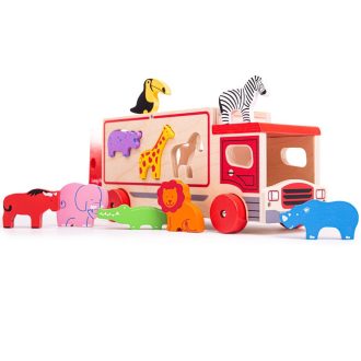 Bigjigs Toys - Fa szafari autó állatokkal - JátékManufaktúra