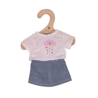 Bigjigs Toys - Fehér póló farmer szoknyával babának 28 cm - JátékManufaktúra