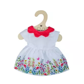 Bigjigs Toys - Fehér virágos ruha piros gallérral babának 34 cm - JátékManufaktúra