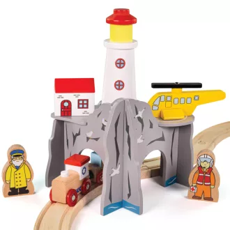 Bigjigs Rail - Alagút világítótoronnyal és heliporttal - JátékManufaktúra