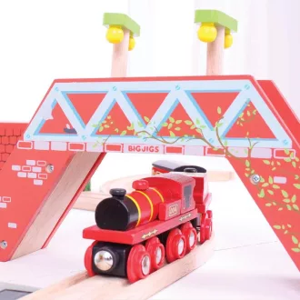 Bigjigs Rail - Piros mozdony szerkocsival + 3 sín - JátékManufaktúra