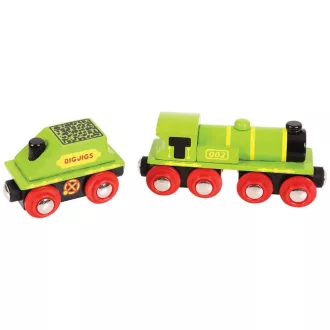 Bigjigs Rail - Zöld mozdony szerkocsival + 3 sín - JátékManufaktúra