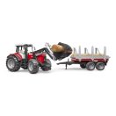 Bruder - Massey Ferguson 7480 traktor homlokrakodóval és rönkszállítóval - JátékManufaktúra