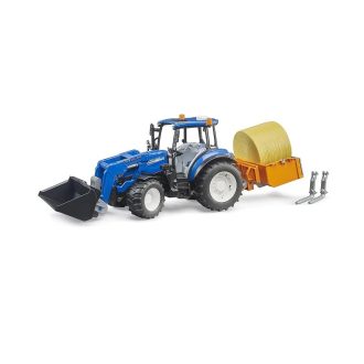 Bruder - New Holland T5.120 traktor homlokrakodóval, kanállal, villákkal és körbálával - JátékManufaktúra