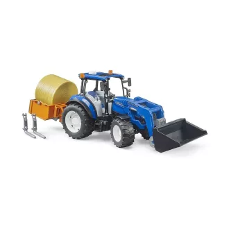 Bruder - New Holland T5.120 traktor homlokrakodóval, kanállal, villákkal és körbálával - JátékManufaktúra