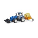 Bruder - New Holland T5.120 traktor homlokrakodóval, kanállal, villákkal és körbálával - JátékManufaktúra