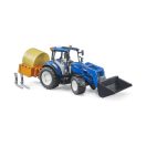 Bruder - New Holland T5.120 traktor homlokrakodóval, kanállal, villákkal és körbálával - JátékManufaktúra