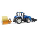 Bruder - New Holland T5.120 traktor homlokrakodóval, kanállal, villákkal és körbálával - JátékManufaktúra