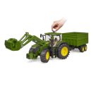 Bruder - John Deere 7R 350 traktor homlokrakodóval és tandem szállítópótkocsival - JátékManufaktúra