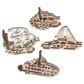Ugears 3D fa mechanikus puzzle - 4 mini függő: Hajók - JátékManufaktúra